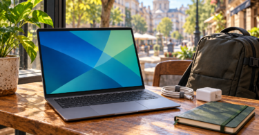 A generic laptop on a cafe table beside a charger, cable, notebook and travel backpack