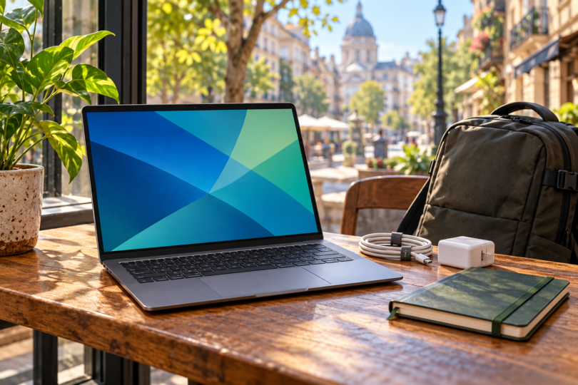 A generic laptop on a cafe table beside a charger, cable, notebook and travel backpack