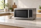 Generic stainless steel countertop microwave on an open kitchen island beside a ceramic bowl