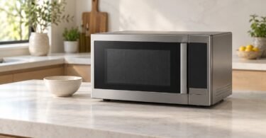 Generic stainless steel countertop microwave on an open kitchen island beside a ceramic bowl