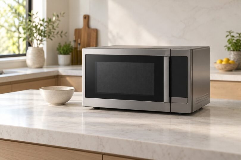 Generic stainless steel countertop microwave on an open kitchen island beside a ceramic bowl