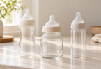 Three unbranded empty baby bottles with pale collars stand on a light countertop.