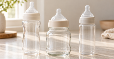 Three unbranded empty baby bottles with pale collars stand on a light countertop.
