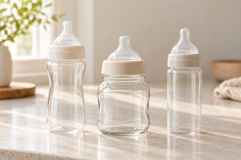 Three unbranded empty baby bottles with pale collars stand on a light countertop.