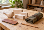 A carved wooden bird, three pale wood blocks, a closed canvas tool roll, a leather strop and a pencil on a wooden workbench.