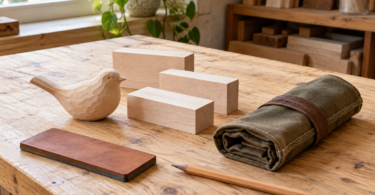 A carved wooden bird, three pale wood blocks, a closed canvas tool roll, a leather strop and a pencil on a wooden workbench.