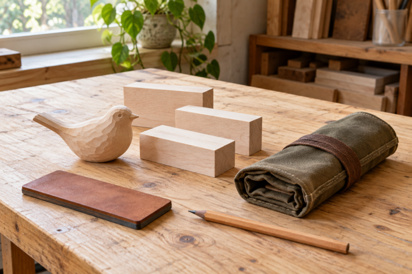 A carved wooden bird, three pale wood blocks, a closed canvas tool roll, a leather strop and a pencil on a wooden workbench.