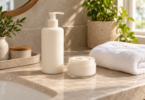 An unbranded ivory pump bottle and an open cream jar beside a folded white towel on a stone bathroom counter.