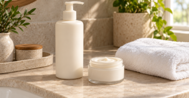 An unbranded ivory pump bottle and an open cream jar beside a folded white towel on a stone bathroom counter.