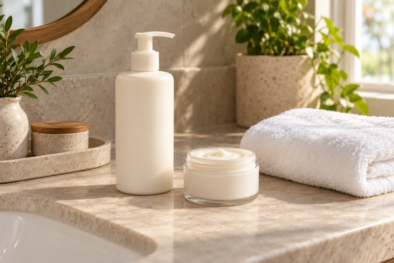 An unbranded ivory pump bottle and an open cream jar beside a folded white towel on a stone bathroom counter.