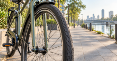 Close view of a black front tire and fender on an unbranded city bicycle beside a paved waterfront path.