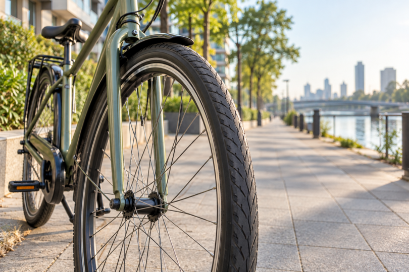 Close view of a black front tire and fender on an unbranded city bicycle beside a paved waterfront path.