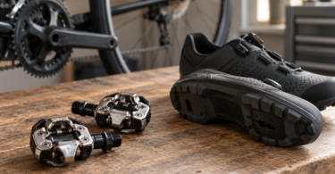 Generic clipless pedals and black cycling shoes on a wooden workbench beside part of a bicycle.