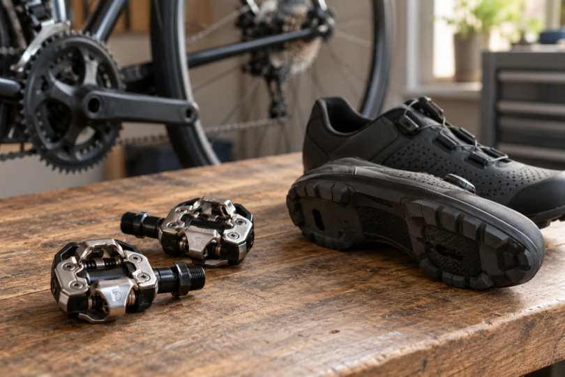 Generic clipless pedals and black cycling shoes on a wooden workbench beside part of a bicycle.