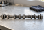 Generic metal camshaft on a pale workshop bench with a dark folded shop towel behind it.