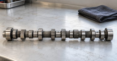Generic metal camshaft on a pale workshop bench with a dark folded shop towel behind it.