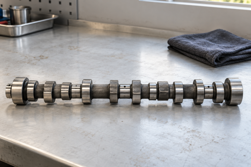 Generic metal camshaft on a pale workshop bench with a dark folded shop towel behind it.