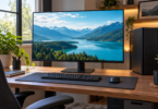 Generic black desktop monitor showing a mountain lake, with a keyboard, mouse and tower on a wooden desk.