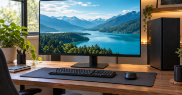 Generic black desktop monitor showing a mountain lake, with a keyboard, mouse and tower on a wooden desk.