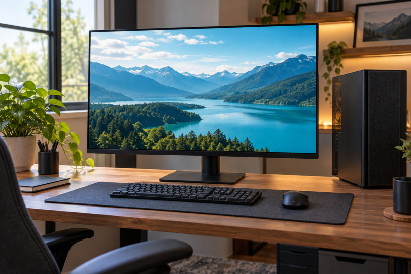 Generic black desktop monitor showing a mountain lake, with a keyboard, mouse and tower on a wooden desk.