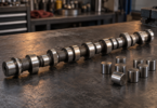 Generic metal camshaft and small cylindrical metal components on a dark workshop bench.