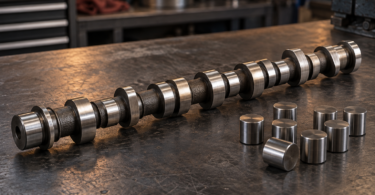 Generic metal camshaft and small cylindrical metal components on a dark workshop bench.