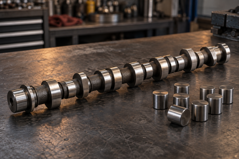 Generic metal camshaft and small cylindrical metal components on a dark workshop bench.
