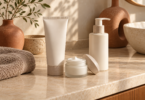 Unbranded cream tube, open moisturizer jar and lotion pump on a warm stone countertop.