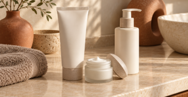 Unbranded cream tube, open moisturizer jar and lotion pump on a warm stone countertop.