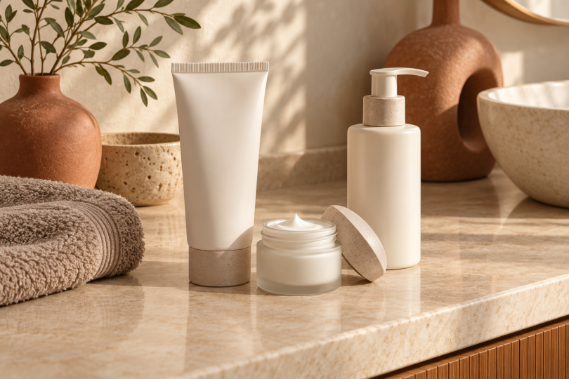 Unbranded cream tube, open moisturizer jar and lotion pump on a warm stone countertop.