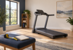 Unbranded treadmill in an open home exercise room with a tape measure and notebook on a bench.