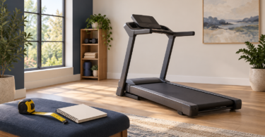 Unbranded treadmill in an open home exercise room with a tape measure and notebook on a bench.