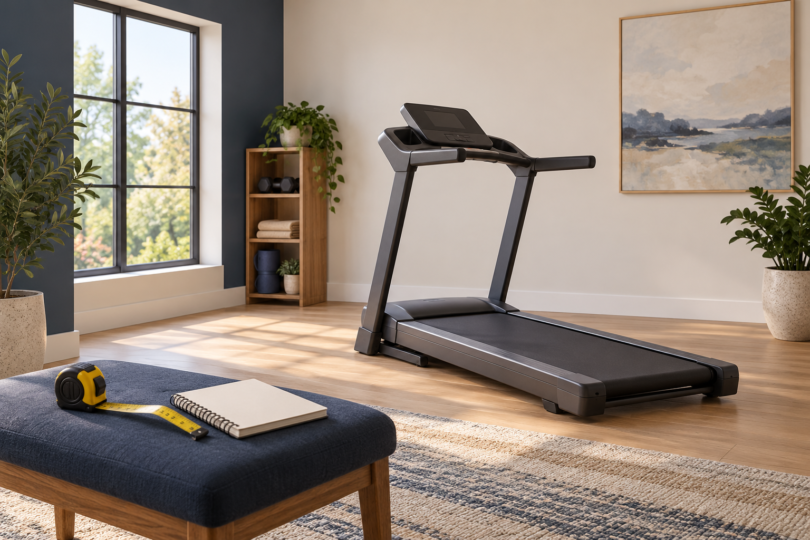 Unbranded treadmill in an open home exercise room with a tape measure and notebook on a bench.