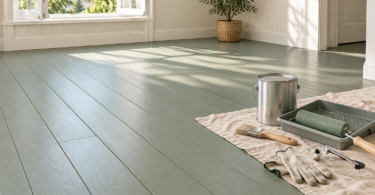 Illustration of a sage-gray painted plank floor beside an open window, with a closed plain paint can, roller, brush, gloves and safety glasses on a drop cloth.