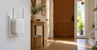 A white plug-in Wi-Fi extender in a hallway, with a small security camera visible outside beside the front door.
