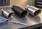 Illustration of three unbranded silver and black exhaust tips beside a caliper and folded towel on a workshop bench.