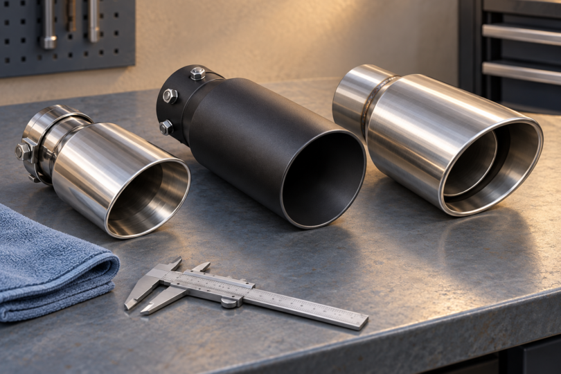 Illustration of three unbranded silver and black exhaust tips beside a caliper and folded towel on a workshop bench.
