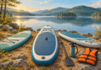 Illustration of three unbranded paddleboards, a paddle, a hand pump and an orange life jacket beside a calm lake.