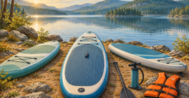 Illustration of three unbranded paddleboards, a paddle, a hand pump and an orange life jacket beside a calm lake.