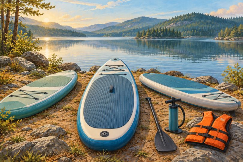 Illustration of three unbranded paddleboards, a paddle, a hand pump and an orange life jacket beside a calm lake.