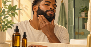 Illustration of a Black man smoothing his beard beside unbranded oil bottles and a comb.