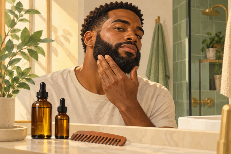 Illustration of a Black man smoothing his beard beside unbranded oil bottles and a comb.