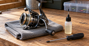 A generic spinning fishing reel on a gray cloth beside a capped precision oil bottle and screwdriver