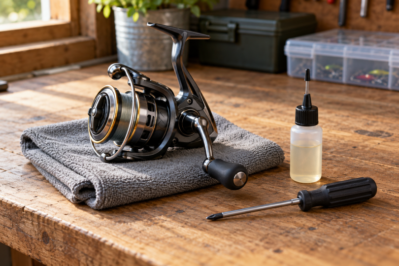 A generic spinning fishing reel on a gray cloth beside a capped precision oil bottle and screwdriver