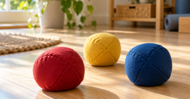Three generic stitched juggling beanbags in red, yellow and blue on a sunlit wooden floor