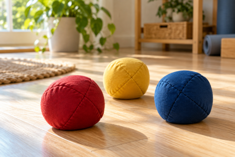 Three generic stitched juggling beanbags in red, yellow and blue on a sunlit wooden floor