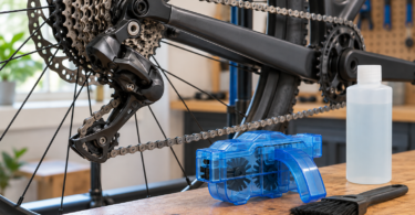 Bicycle chain and cassette beside a generic blue chain scrubber, blank bottle and brush on a wooden workbench