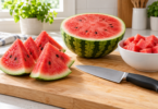 Watermelon wedges, a halved melon and a bowl of cubes beside a generic chef’s knife on a wooden cutting board.