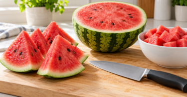Watermelon wedges, a halved melon and a bowl of cubes beside a generic chef’s knife on a wooden cutting board.