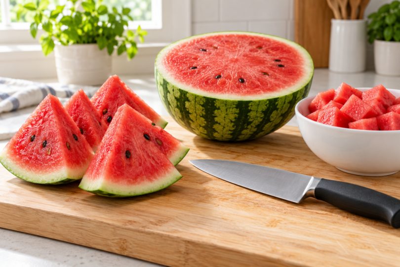 Watermelon wedges, a halved melon and a bowl of cubes beside a generic chef’s knife on a wooden cutting board.
